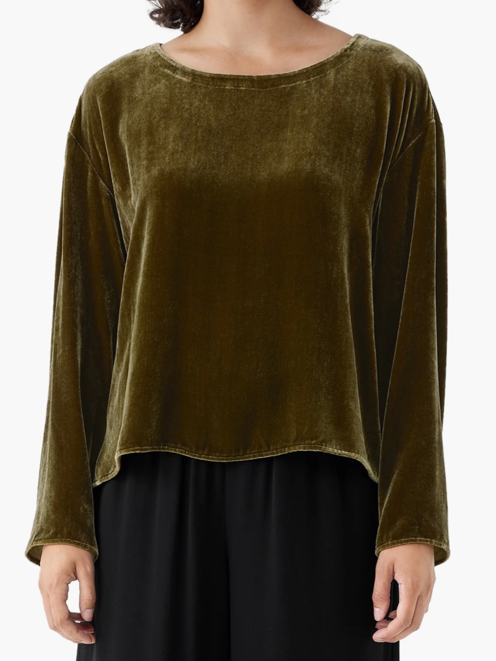 Eileen Fisher Deep Olive Green Velvet Long-Sleeve Women's Blouse Size PP
